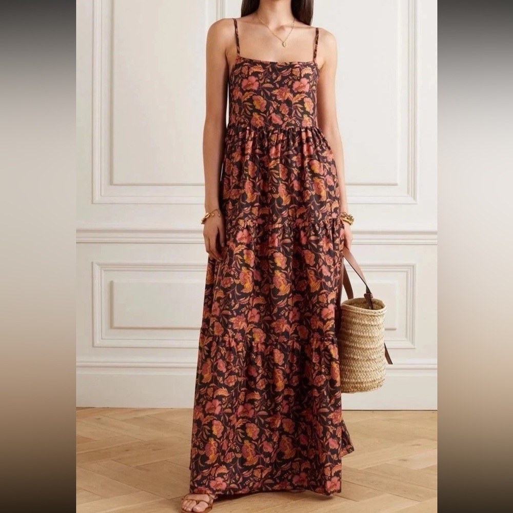 Matteau Open-Back Tiered Floral-Print Cotton-Poplin Maxi Dress (Ginger Hibiscus)